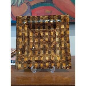 Amber Basketweave Glass Square Tray Bowl 11.5” Vintage Style 1980s Decor